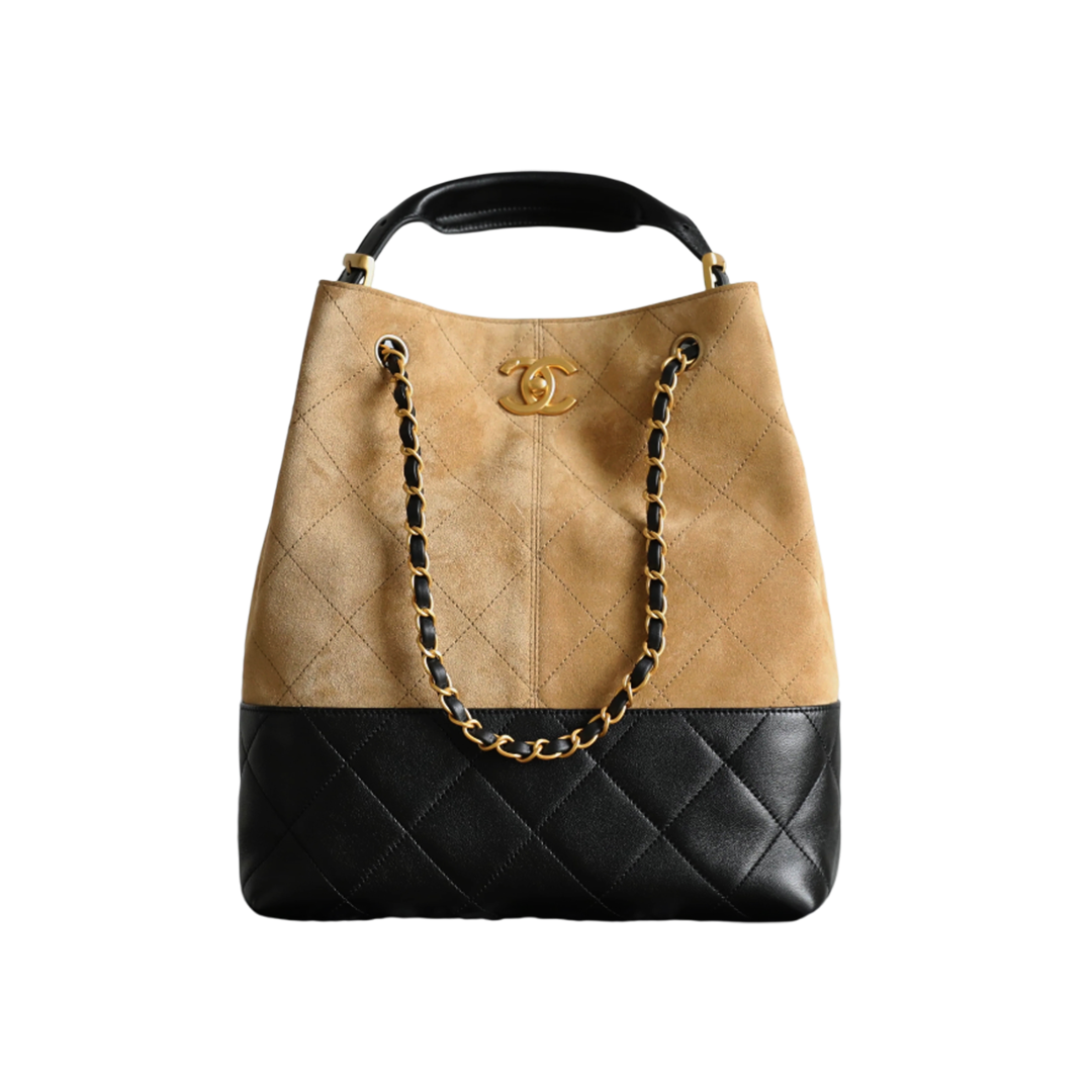 Suede Shiny Lambskin Quilted Large Shopping Bag