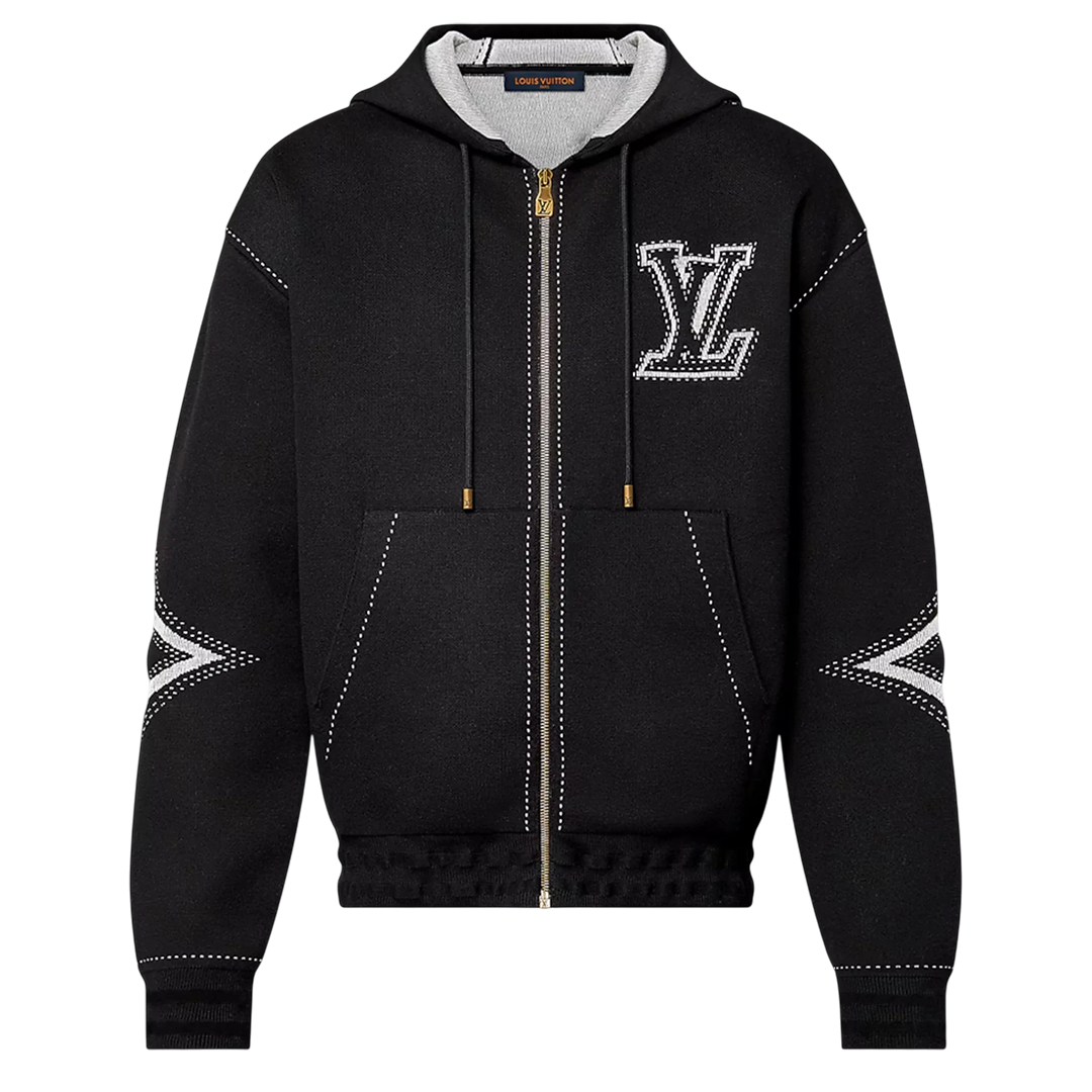 Graphic Intarsia Zipped Cotton Hoodie